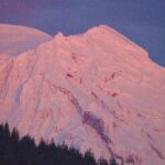 Snow covered top of Mt. Rainier in a pink sunset hue